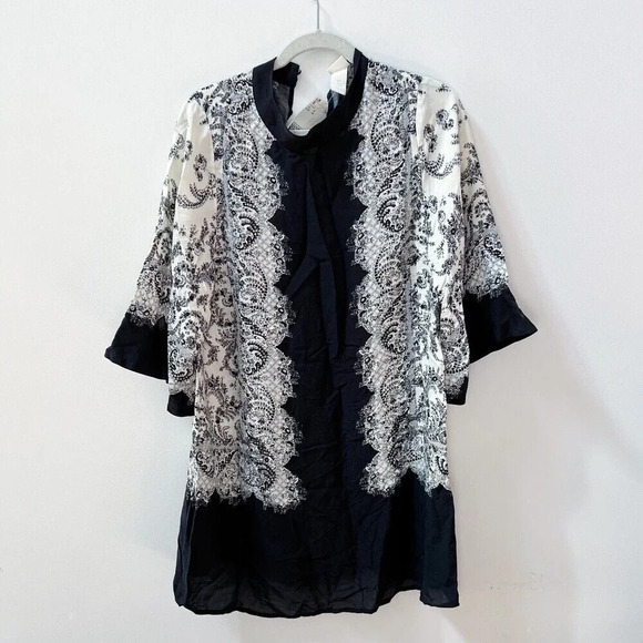 H&M Womens NWT Boho Black Tunic Shift Dress Floral Sz 8 - Picture 1 of 9